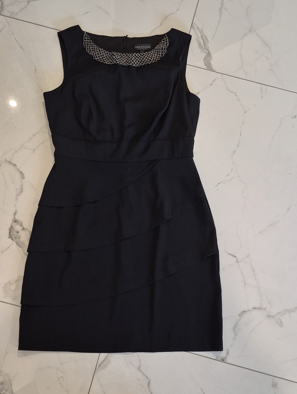connected apparel Black Sleeveless Beaded-Neck Tiered Mini Dress